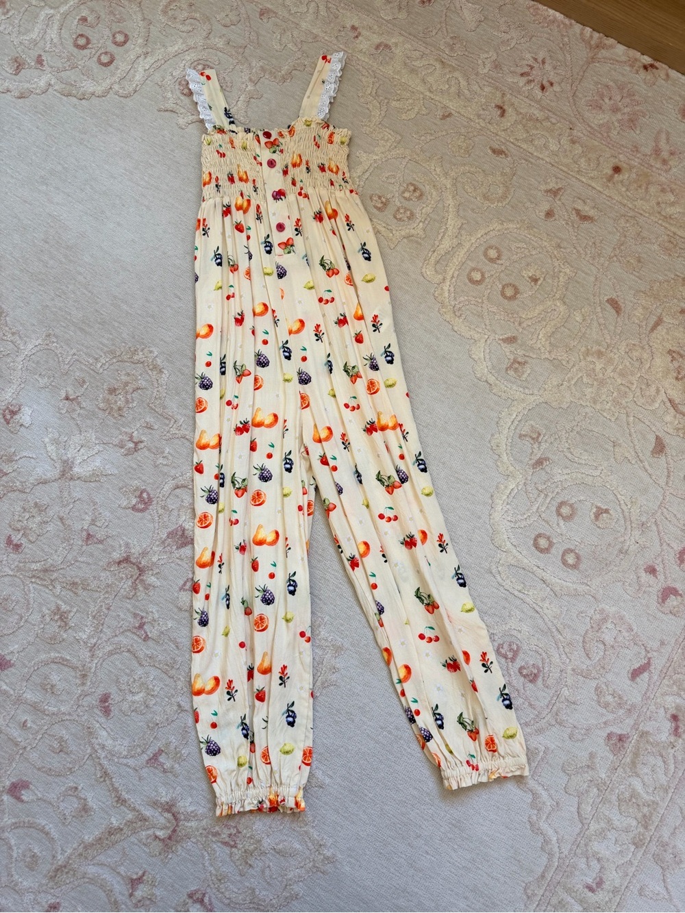 Girls Yellow Fruit-Print Smocked Jumpsuit